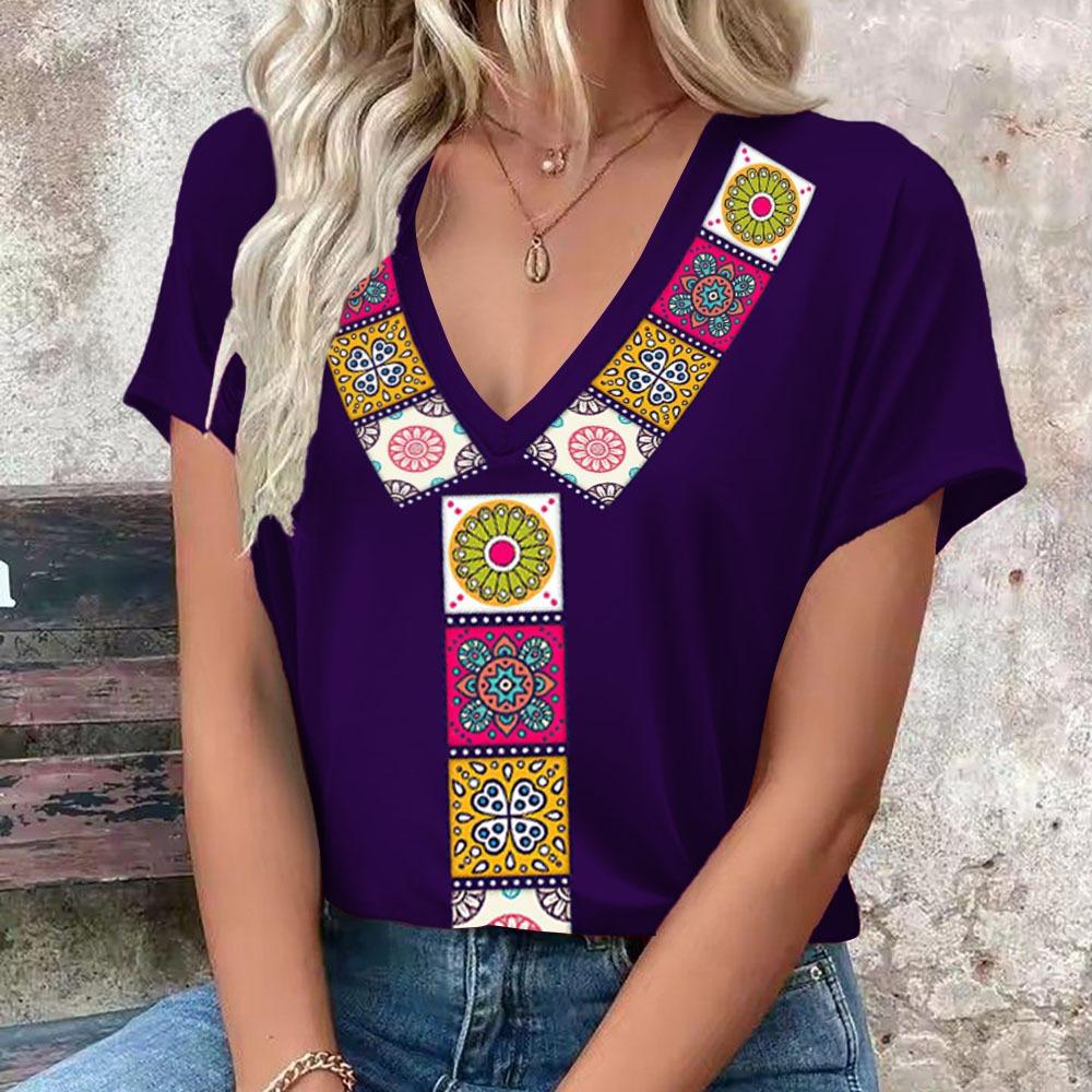 V-neck Women's Short Sleeve T-Shirt Summer Daily Casual Tops OverSize Loose Women's Clothing Flower Print Style Patterns