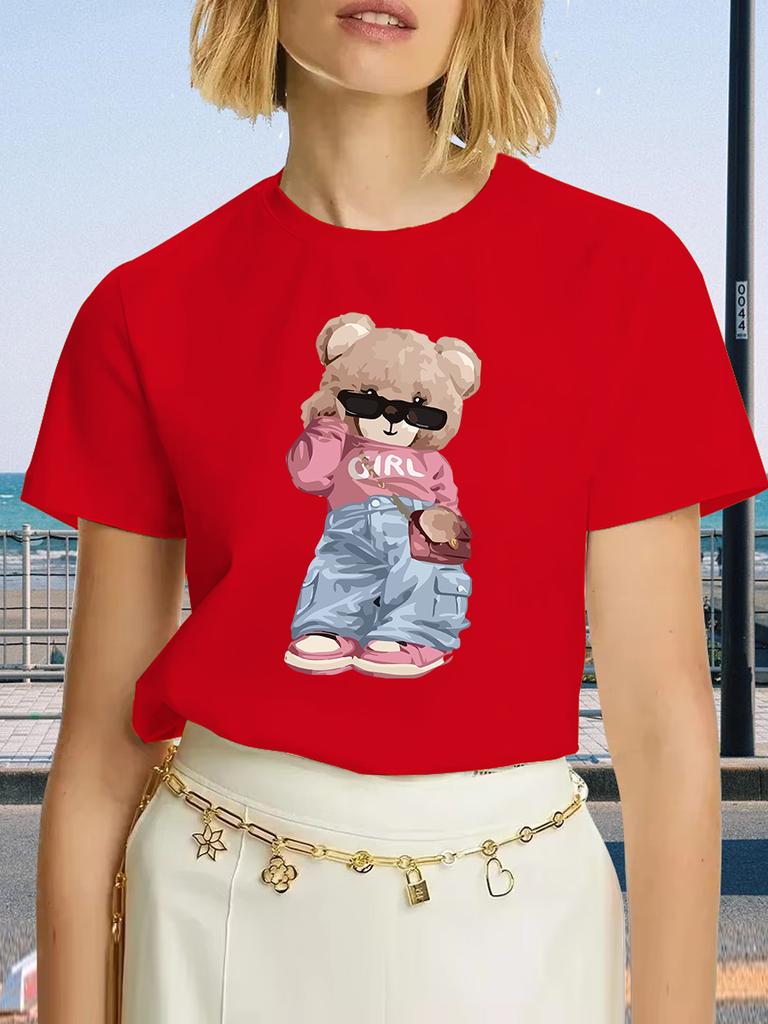 Cute Bear Print T-shirt Short Sleeve Crew Neck Casual Top For Summer & Spring Women's Clothing T Shirt Female Tops Streetwear