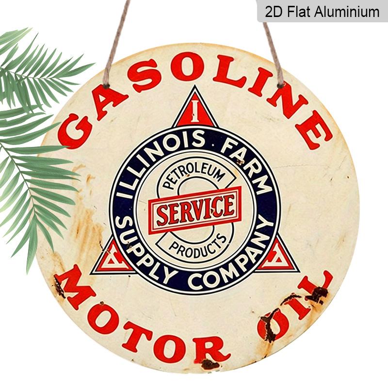 2D Flat, 1pc Round Aluminum Vintage Gasoline Sign,  Illinois Farm Supply Company Motor Oil  Retro Metal Wall Art, Classic Gas Station Decor, Durable 7.87x7.87inch