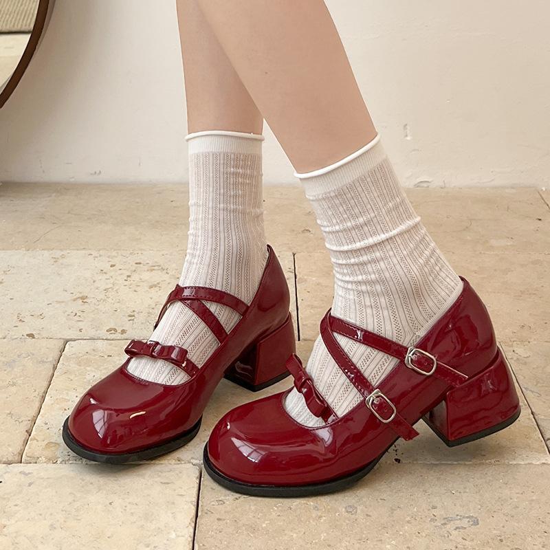 Red French round head light mouth thick high heel single shoes women's summer 2025 new skirt versatile height-increasing Mary Jane shoes