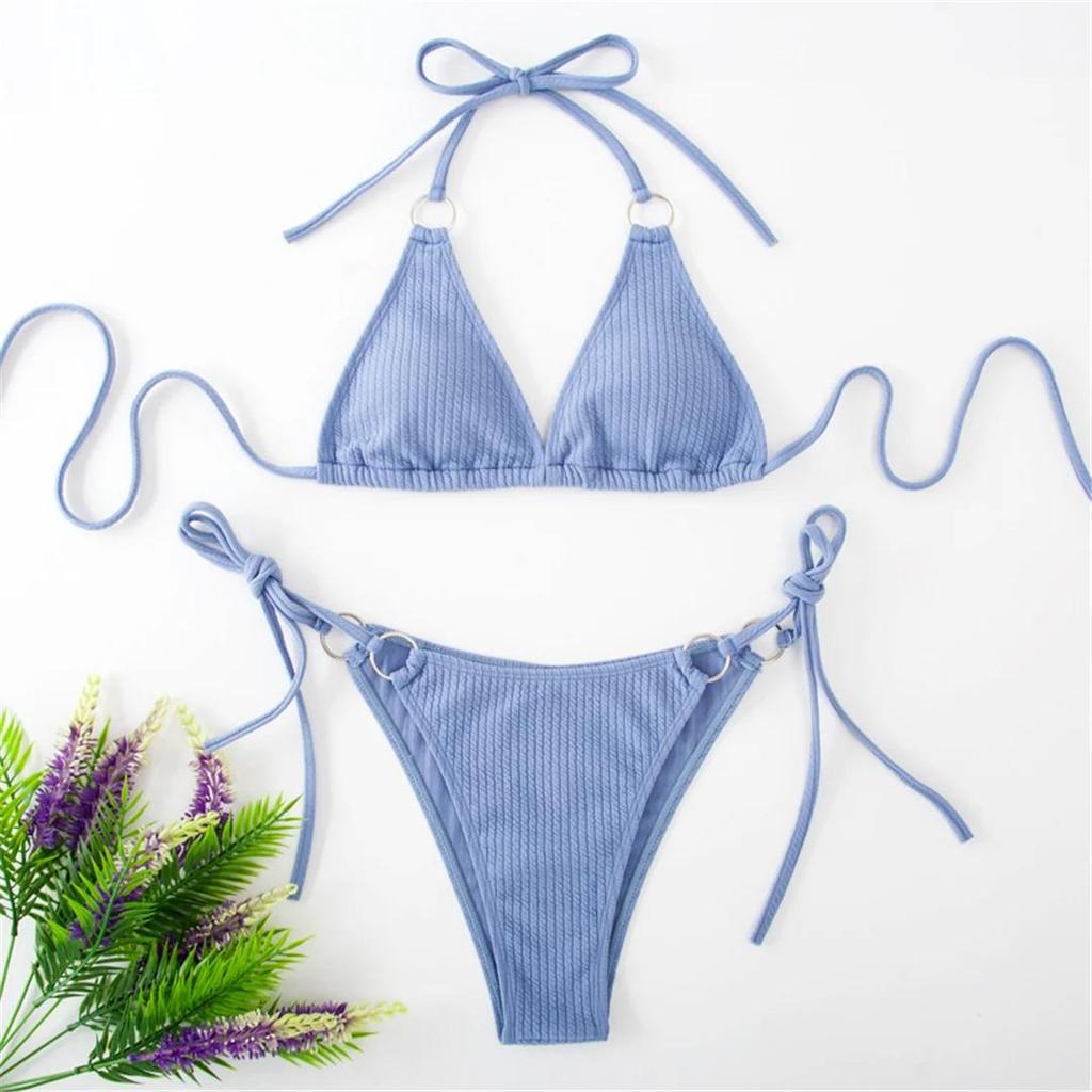8 Colors Sexy Halter Strappy Ribbed Bikini Women Swimwear Female Swimsuit Two-pieces Bikini set Bather Bathing Suit Swim