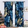 Set Of 2 Flat Printing Curtain Tropical Leaf Blue Gold Digital Printed Polyester Drapes Festive Holiday Perfect Room Bedroom Ideal For
