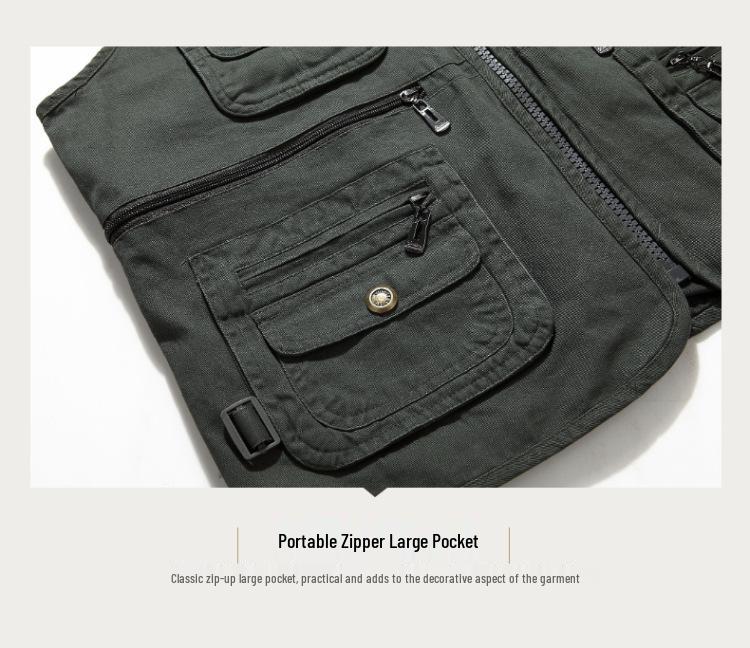 Vestă Militară Verde cu Buzunare Multiple fără Mâneci - Top Casual cu Fermoar Mărimi Mari pentru Toate Sezoanele