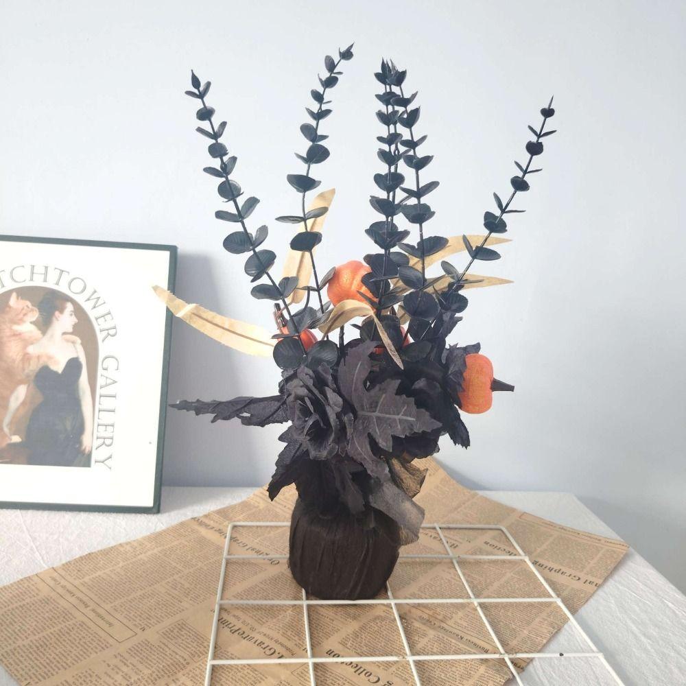 Simulated Flowers Artificial Eucalyptus Leaves Vase 42cm Handmade Artificial Pumpkin Bouquet Black/Orange Autumn Branches