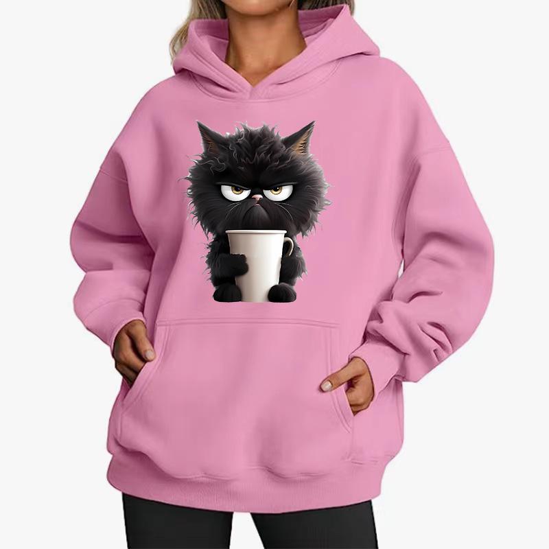 Kaffee Katze Mode Damen Kapuzenpullover Frühling Herbst Winter Freizeit Kapuzenpullover Sweatshirts Oberteile Einfarbiger Kapuzenpullover Sweatshirt Damen