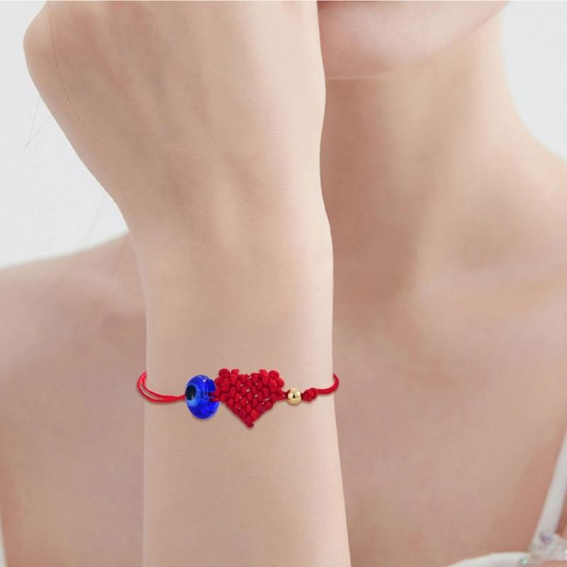Handcrafted Red Cord Evil Eyes Bracelet With Heart Charm Adjustable Wrist Jewelry For Women Men Friendship Gift