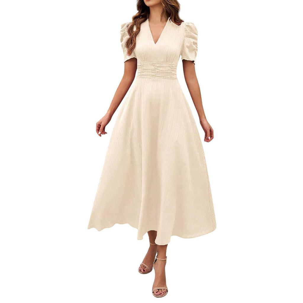2026 Spring Summer Women's High Waist Solid Color Waist-Cinching Short Sleeve Dress