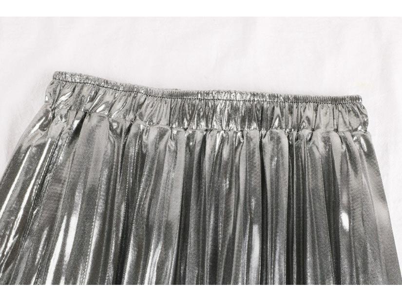 Autumn/Winter 2019 Korean High-Waist Slim Pleated A-Line Skirt with Reflective Metal Details