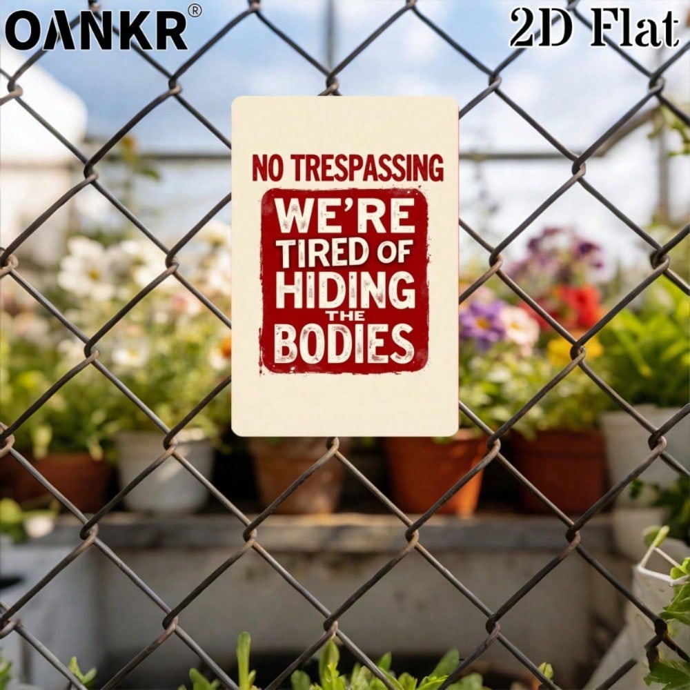 Vintage No Trespassing Metal Tin Sign - We're Tired of Hiding the Bodies - Funny Farmhouse Wall Decor for Man Cave Garage