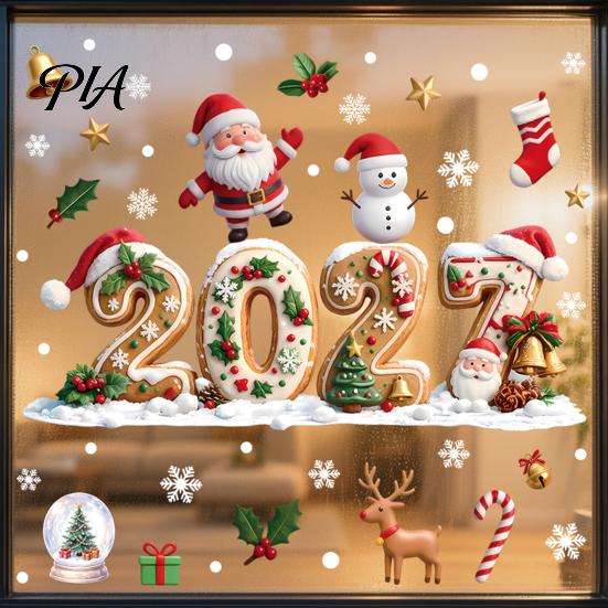 Reusable PVC Window Film Christmas Gingerbread Cling 2027, Static Glass Stickers with Santa Claus Holiday Decor Snowman Reindeer and Snowflake