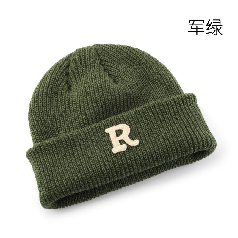 Women's Solid Color Letter Print R Rolled brim knitted hat for outdoor cycling, providing warmth, cold protection, and ear coverage