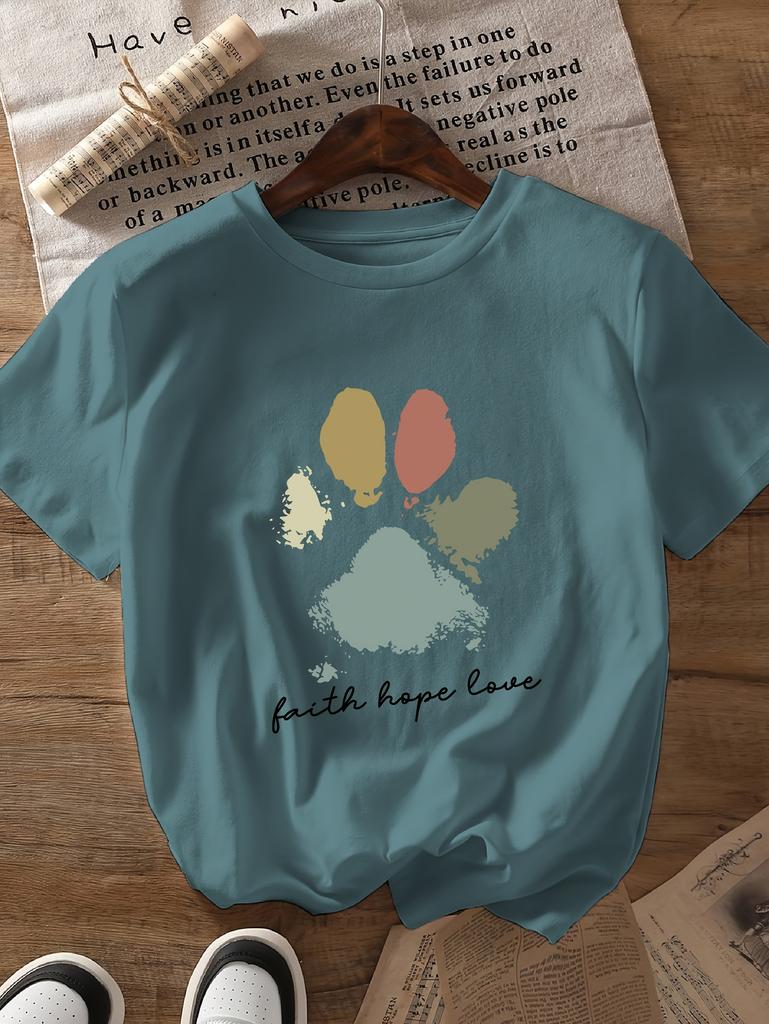 Faith Hope Love Paw Print Women's Tee - Boho Pet Graphic, Casual Dog Lover Top