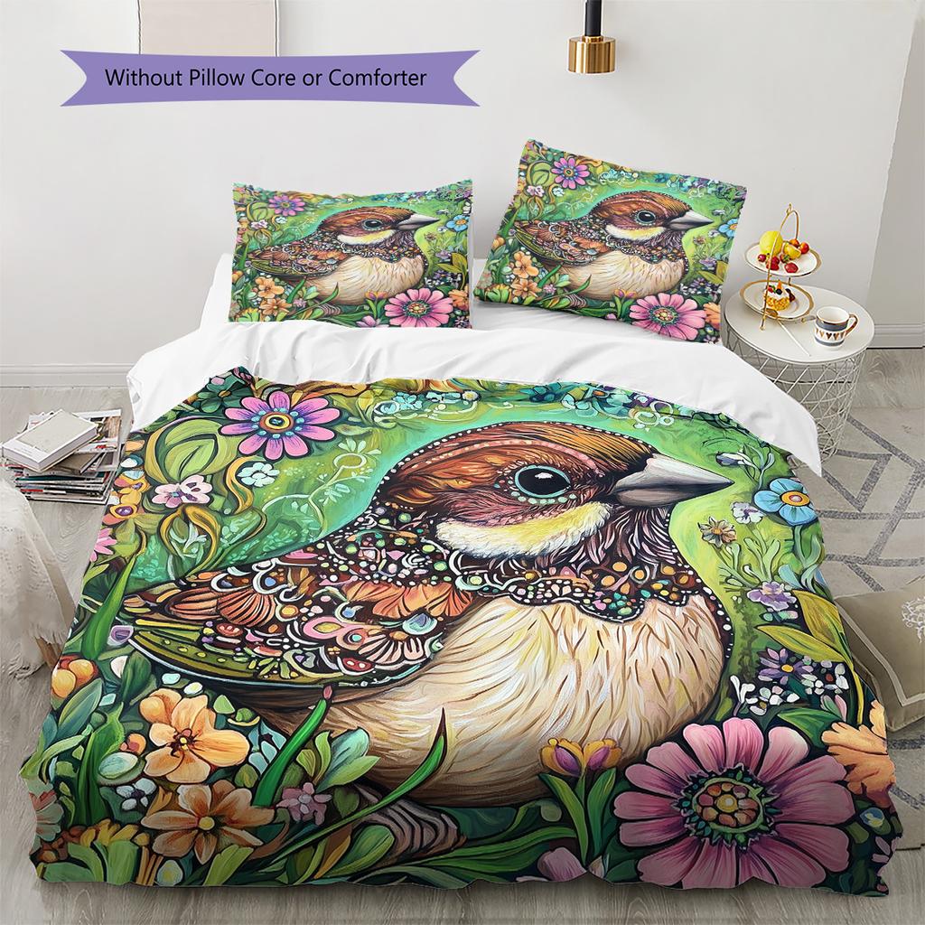 Colorful Flower Bird Pattern Bedding Quilt Set  Home Decoration  Gift (1 * duvet cover + 2 * pillowcase  without core)