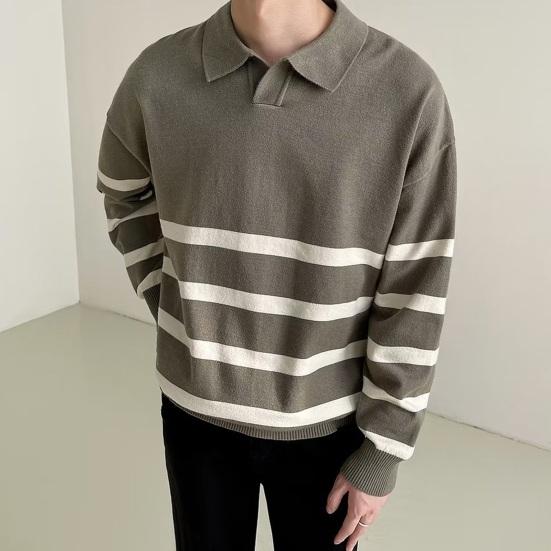 Podzim Zima Pánský Svetr Colorblock Pruhovaný Límec na Zapínání Pletený Volný Dlouhý Rukáv Volný Pulovr Pletenina Anglický Styl Školní Svetr