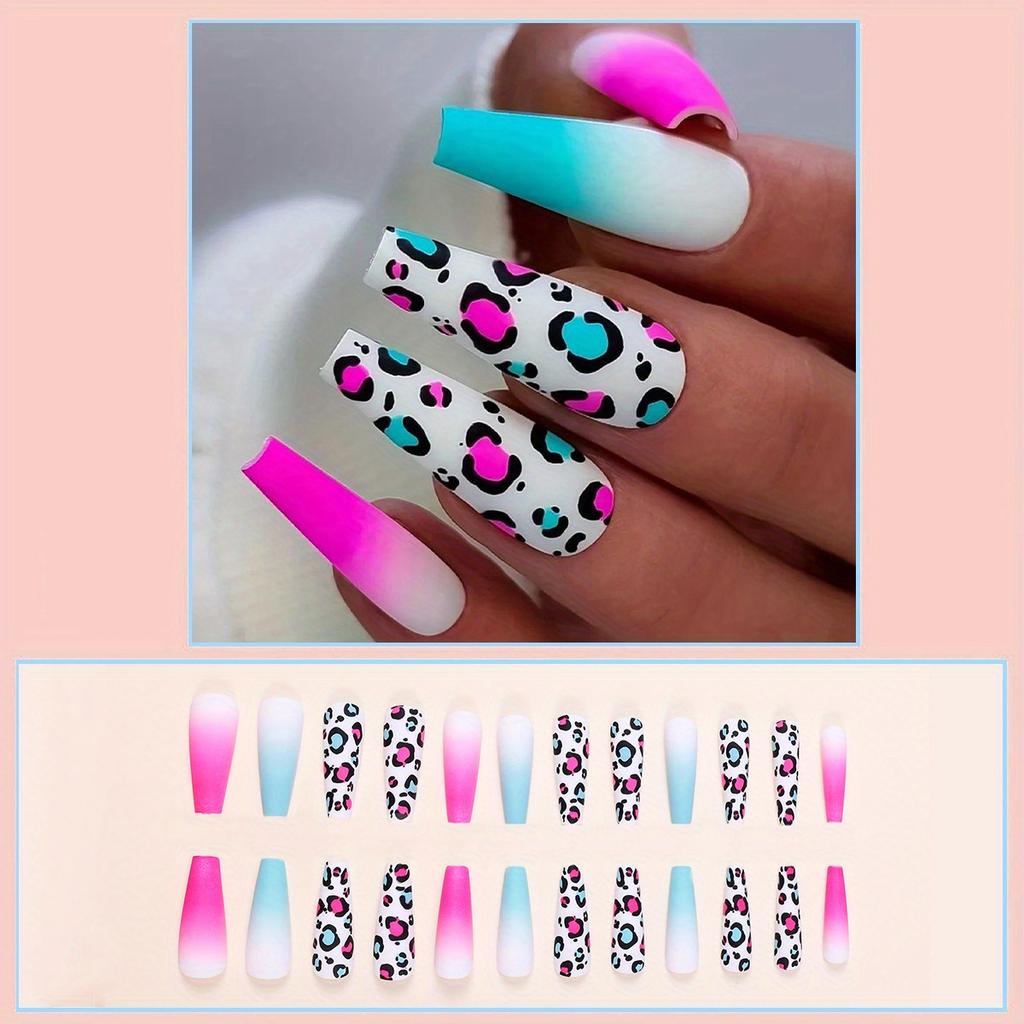 24 peças Leopard Gradient Press On Nails - Unhas Postiças Matte Blue Pink com Cobertura Total Long Coffin Ballerina Design - Fácil de Aplicar e Remover - Perfeito