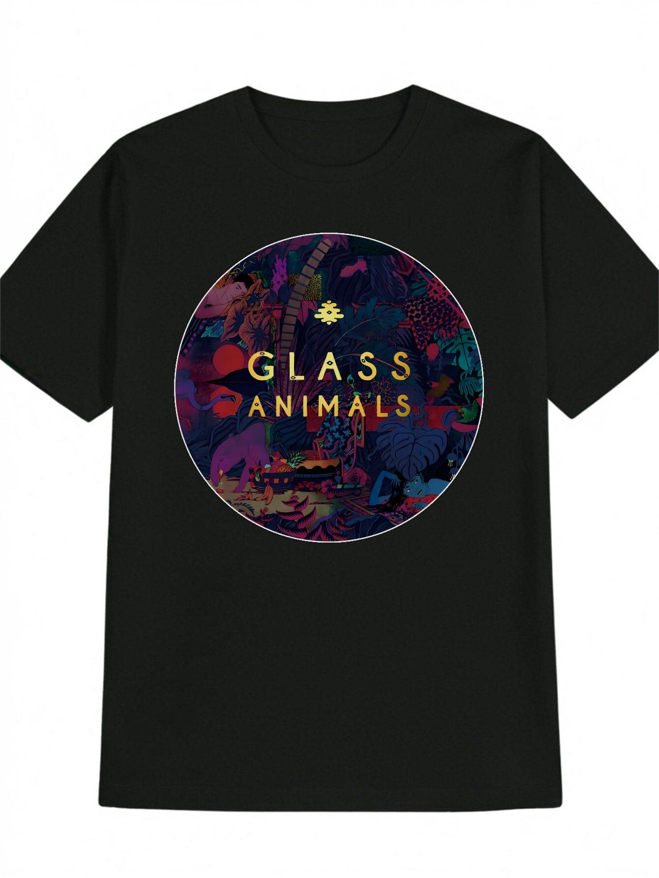 

Casual Short Sleeve T-shirt with Circular Tropical Foliage & GLASS ANIMALS Print - Black Round Neck Summer Top XXL