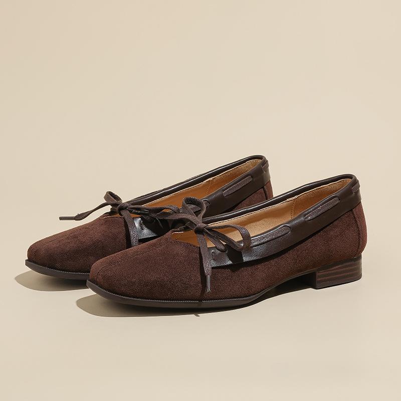 Suede square head ballet shoes women's spring and summer flat-soled single shoes light mouth flat heel retro bow Mary Jane women's shoes