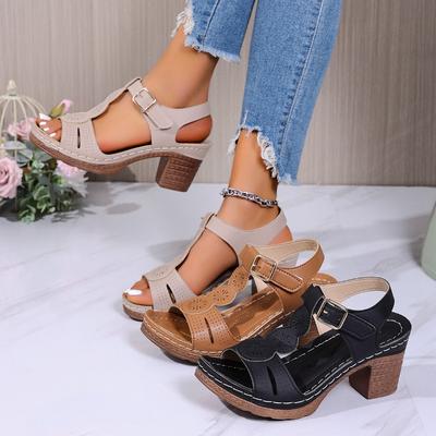 Sandálias de Salto Baixo da Moda Para Mulheres Sapatos Casuais da Moda Para Mulheres Saltos Grossos e Solas Grossas Sandálias Plataforma Vazadas Boca de Peixe Retrô