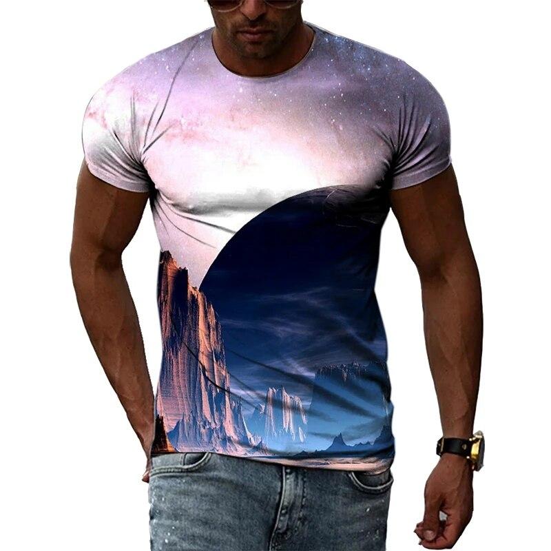 Fashion New Creative Cosmic Planet Graphic T Shirts Summer Men Casual Science Fiction Pattern Printed O-neck Short Sleeve Tops