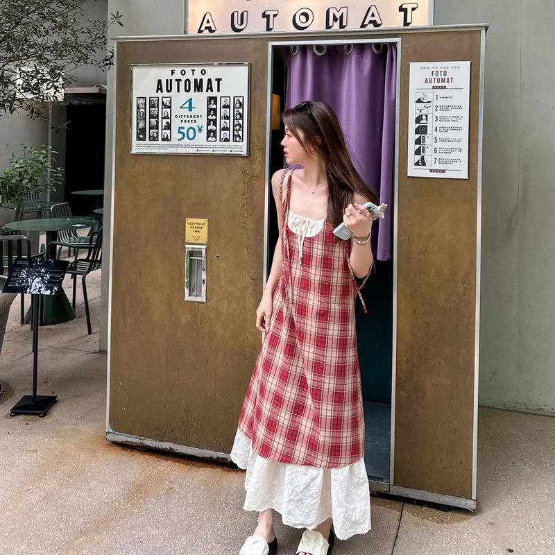 

2025 Женское синее клетчатое пляжное платье на тонких бретельках - Летний наряд из двух частей M (recommended 101-110 lbs)