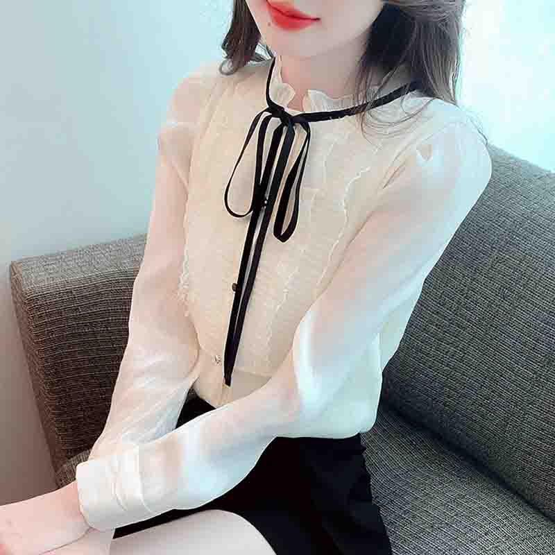Fashion New 2025 Winter Long Sleeve Lace-Up Stand Collar Apricot Velvet Chiffon Blouse Shirt Women Tops Blouses Shirts J783