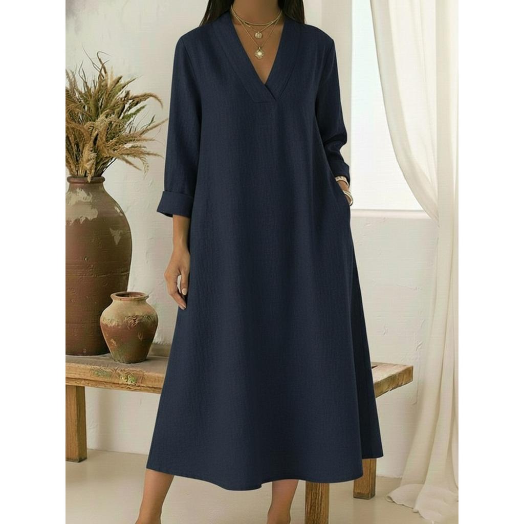 Spring New Women's Casual V-Neck Long Sleeve Cotton Linen A-Line Loose Long Midi Dress for European and American