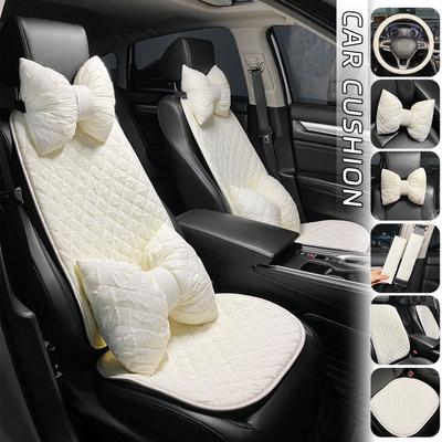 Fashion Ins Puff Cotton White Car Seat Cushion Cover Women Car Accessories Steering Wheel Cover Universal Auto Neck Waist