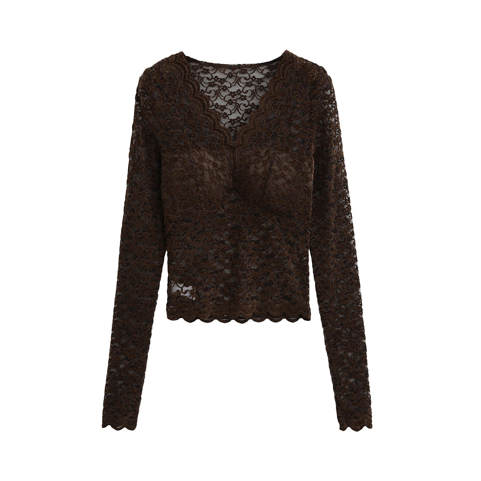 

Женская ажурная рубашка на весну 2025 года: Сексуальный воротник, универсальный ретро-стиль Medium кофейный