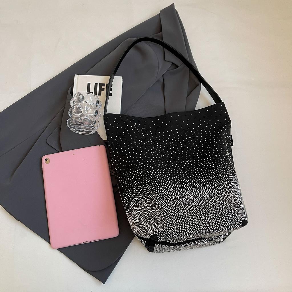 Women'S Glittery Canvas Tote Bag - Large Capacity, Sparkling Diamond Pattern, Zipper Closure, Polyester Lining, Ideal