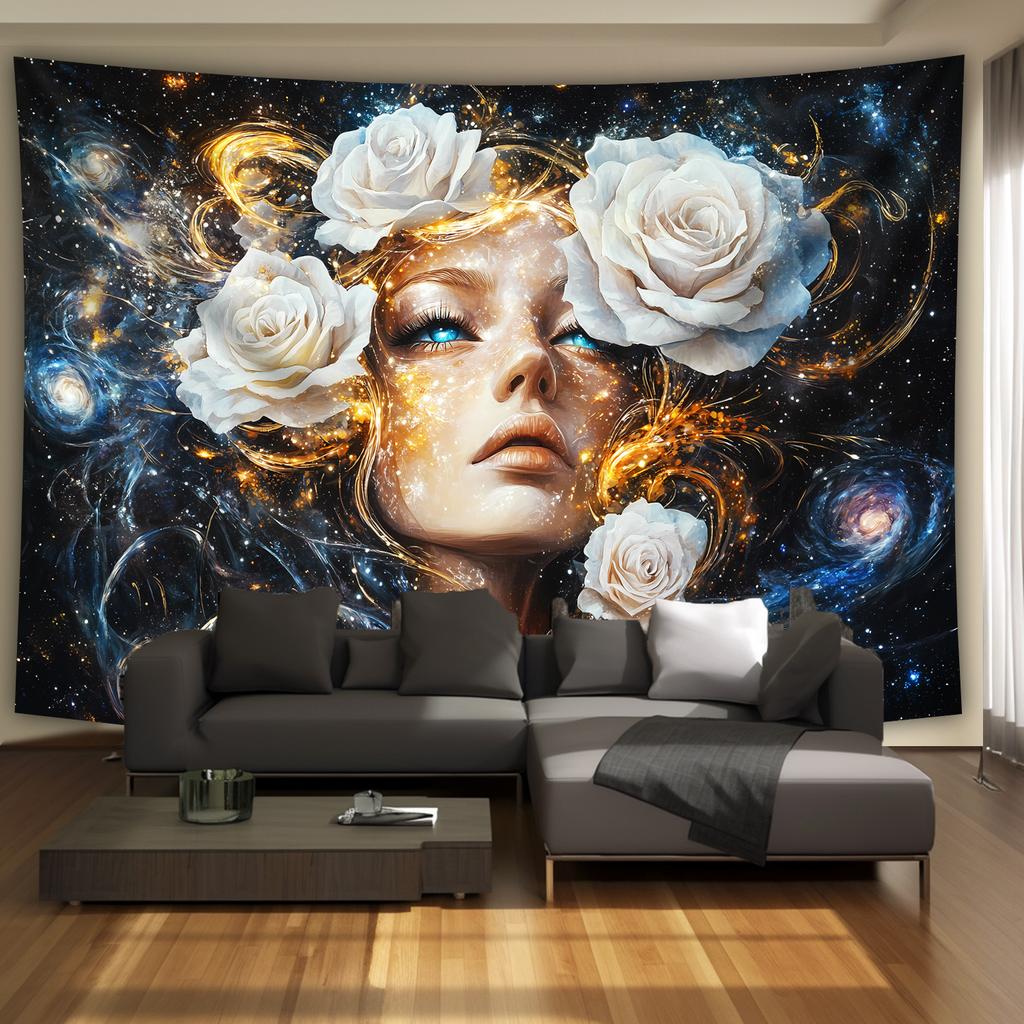 Celestial Woman with White Roses Tapestry Wall Decor for Bedroom Cozy Atmosphere and Mystical Home Style Enhancement