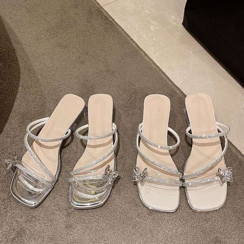 French Thick-heeled Slippers for Women's Summer Wear 2025 New Fairy Style Bow Rhinestone Temperament High-heeled Crystal Sandals