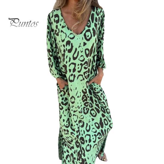 

Женское платье с леопардовым принтом, платье макси с V-образным вырезом и длинными рукавами, повседневное свободное весенне-летнее платье для офиса, повседневной носки, для вечеринок и каникул L зелёный