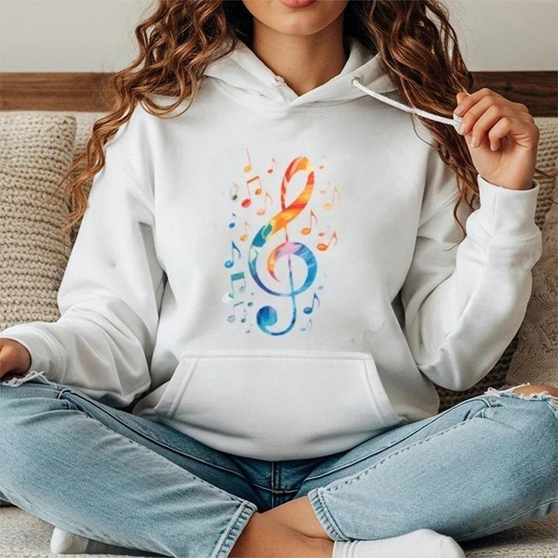 Colorful Treble Clef Hoodie for Women Casual Daily Sweatshirt Music Notes Autumn Winter Hoodie Rainbow Musician Women Sportwear