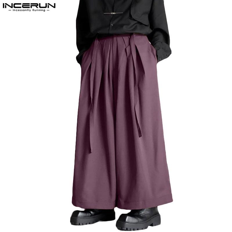 INCERUN Men Zipper Up Belted Wide Leg Trousers Casual Palazzo Pants