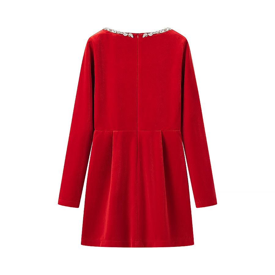 Women's Elegant Beaded Velvet Square Neck Rhinestone Long Sleeve Dress – Winter Formal/ New Year’s Dress