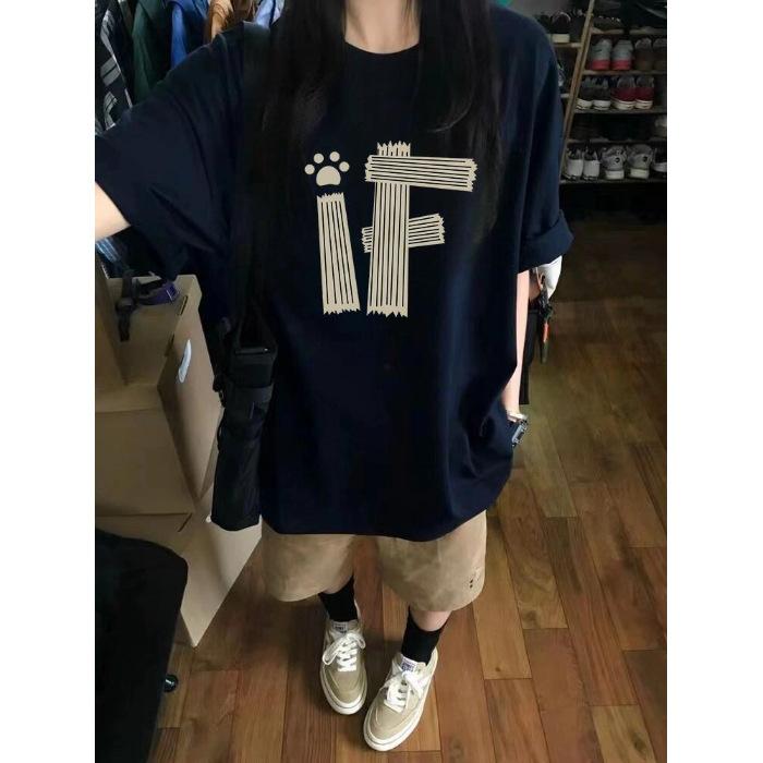 

2025 new summer heavy cotton design sense letter short-sleeved t-shirt women s loose unique chic half-sleeved top S