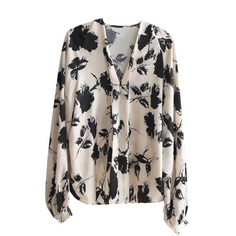 French Retro Ink Printed Satin Shirt Women Spring Autumn New Niche V-neck Long Sleeve Pullover Puff Sleeves Top M-3XL