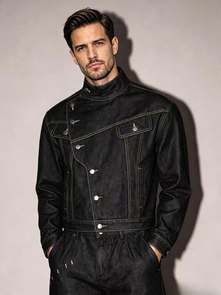American retro black stand-up collar slanted denim jacket men's ruffian handsome locomotive short jacket