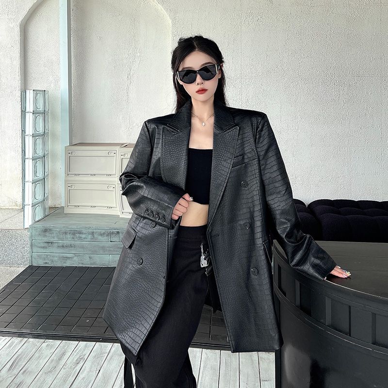 Women Fall Mid Length Black Leather Blazer Loose Double Breasted Casual Elegant Leather Suit Jacket S чёрный