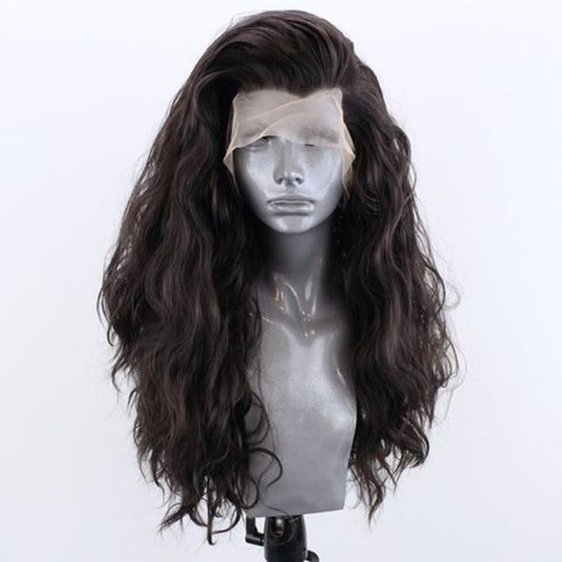 AIMEYA Dark Brown Long Curly Synthetic Lace Front Wigs for Women Free Part Pre Plucked Natural Hairline Cosplay Wigs