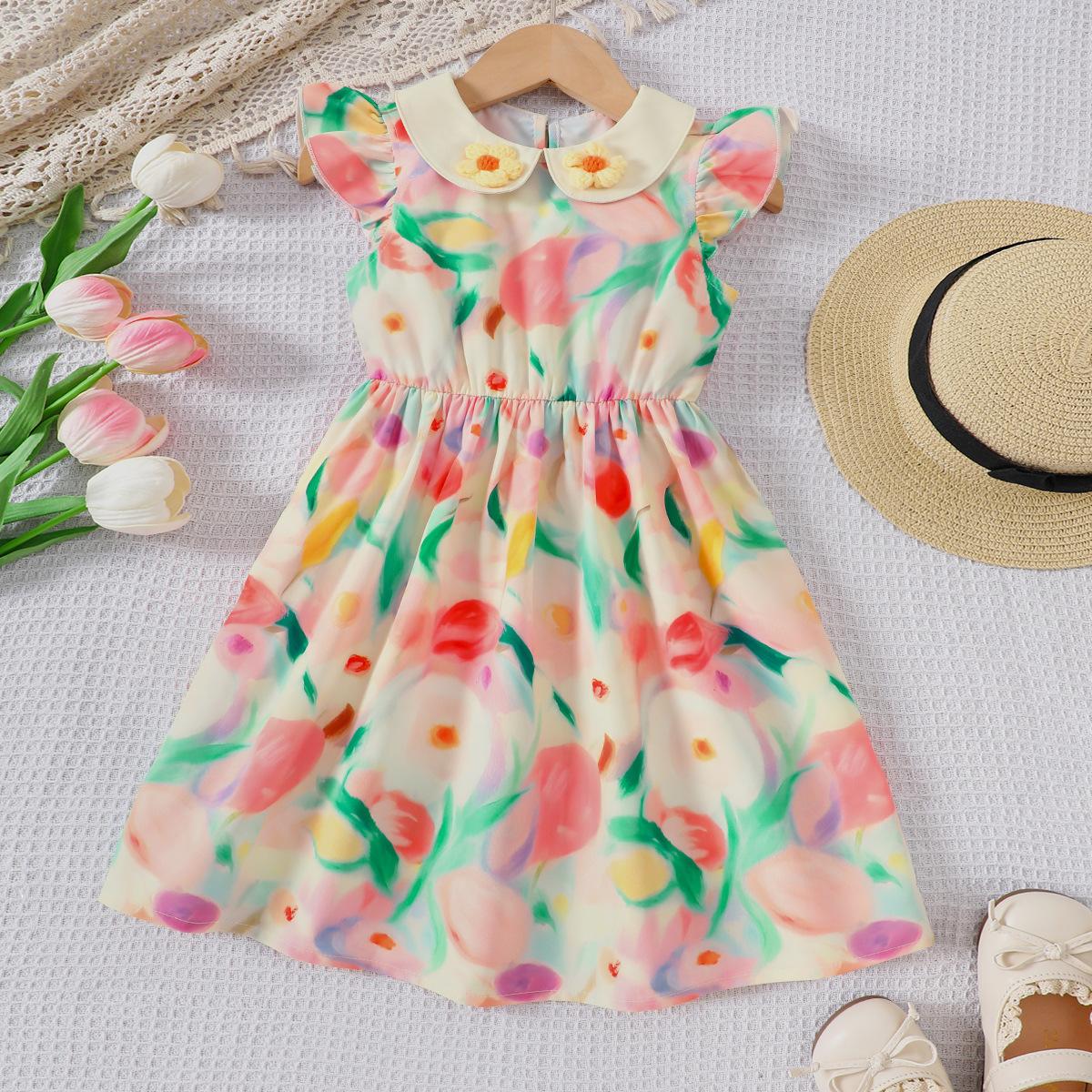 

Детская одежда Новое летнее платье с оборками и цветочным принтом для девочек 7Y розовый