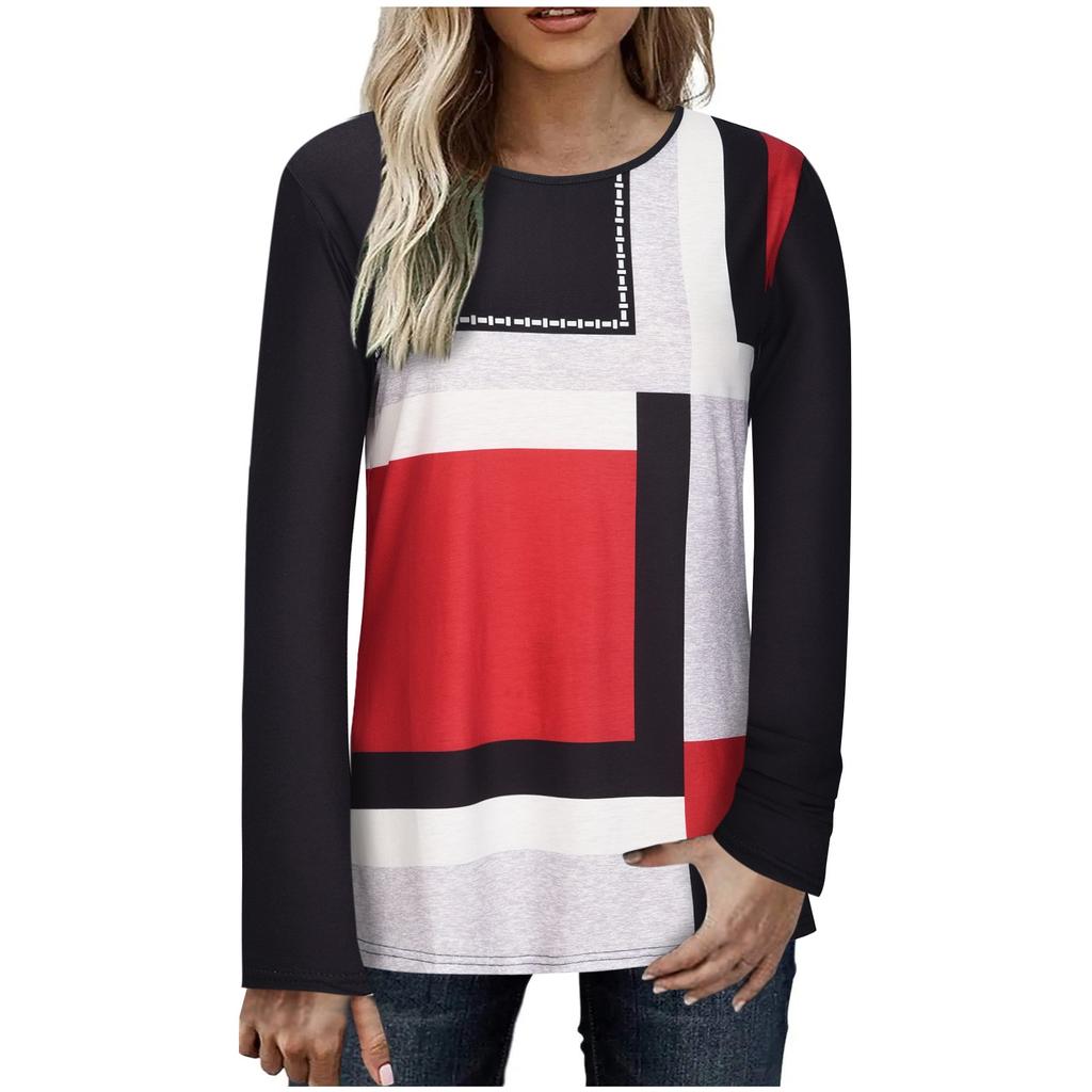 Women's Fashion Casual Temperament New Digital Positioning Print Round Neck Long Sleeve Top