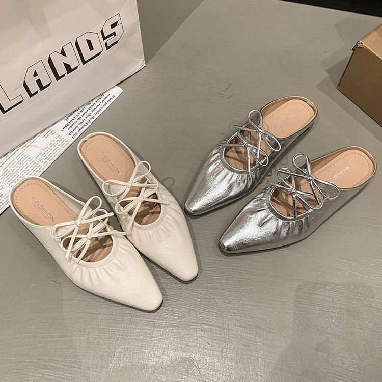 French High Sense 2025 New Mary Jane Shoes Pointed Head Bag Head Wear Flat Bow Flat Bottom Cool Slippers Women