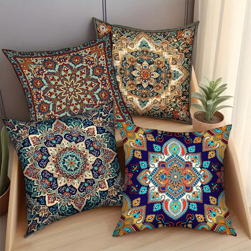 1Pc Bohemian Mandala Plaid Pillow Covers, Zipper Closure, Decorative Cushion Cases For Sofa Bedroom (No Inserts)