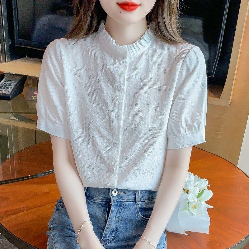 

Summer thin pure cotton shirt women s fashionable cotton versatile temperament jacquard top S белый