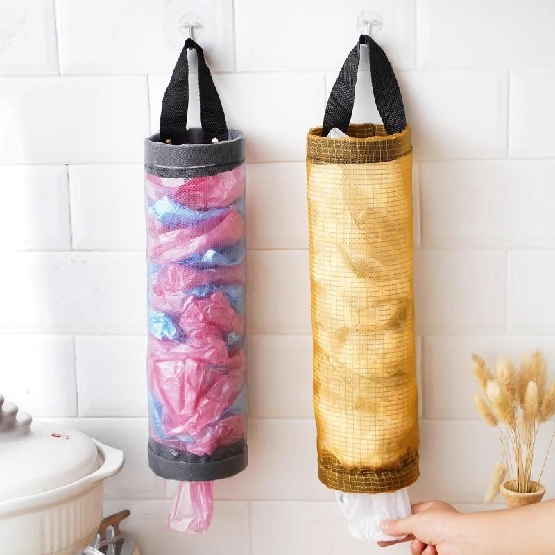 Hanging Mesh Plastic Bag Dispenser Wall Mount Trash Bag Storage Pouch Reusable Garbage Bag Organizer for Kitchen Bathroom