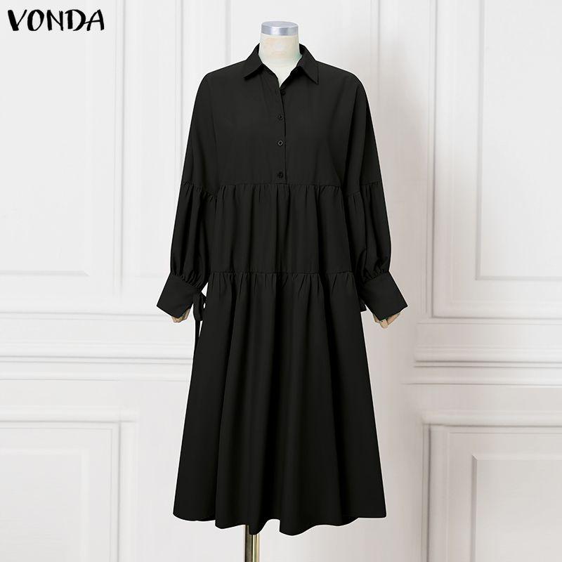 

VONDA Женское повседневное платье с отложным воротником, длинными рукавами, однотонное, свободного кроя, длинное, плиссированное 5XL чёрный