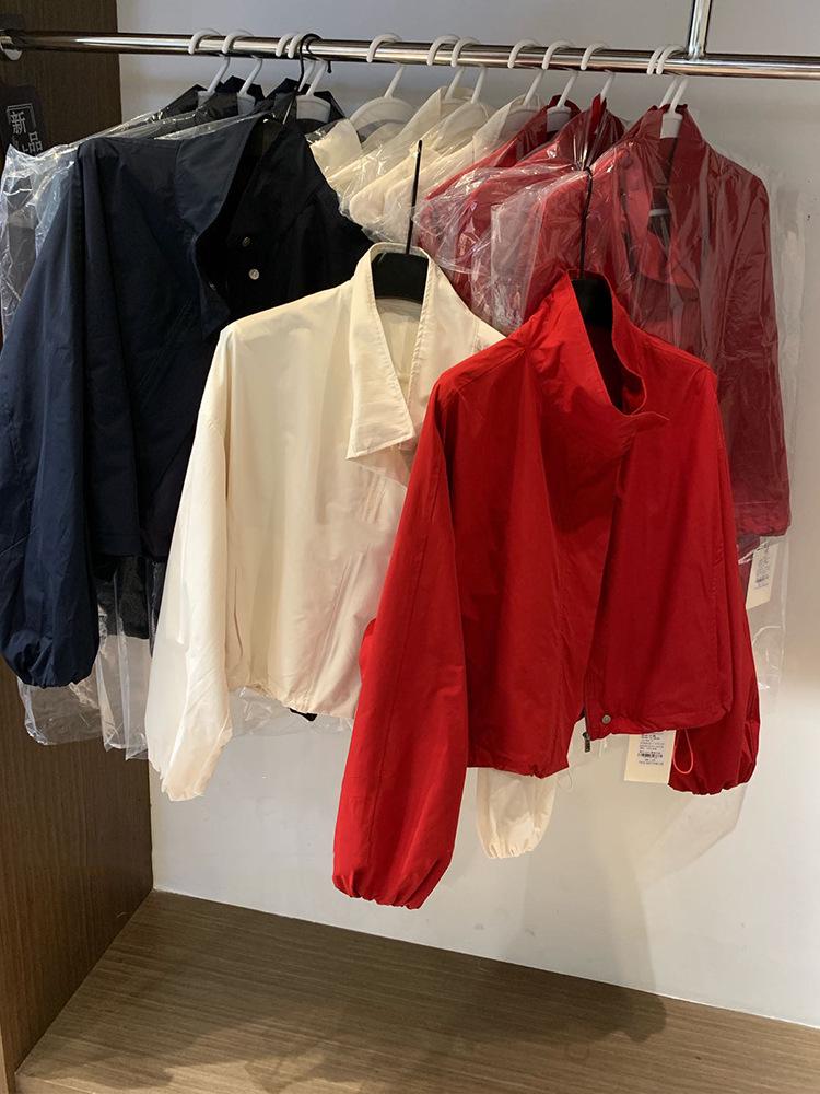 Evropská jarní 2025 dámská petite volného střihu bunda větrovka se stojáčkem a stahovací šňůrkou pro ochranu před sluncem