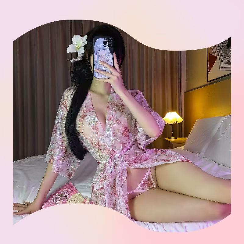 Alluring Deep V Japanese Kimono Pajamas Set with Sheer Outer Blouse and Bathrobe - Women's Sensual Lingerie