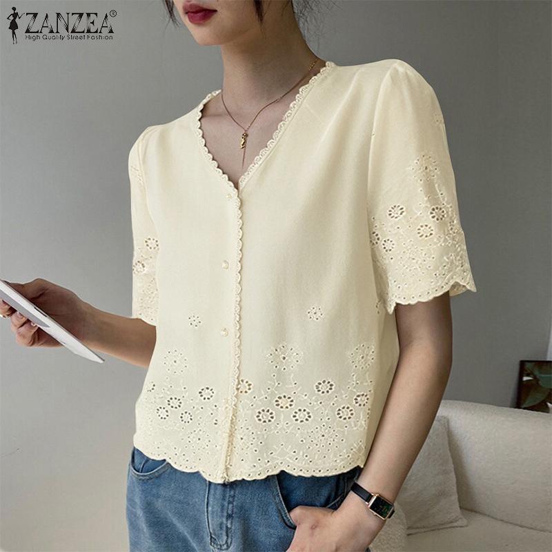 

ZANZEA Women Casual V-Neck Summer Short Sleeve Embroidery Lace Blouse S абрикосовый